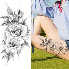 Black Flower Temporary Tattoos Sticker Fake Pencil Sketch Rose Tatoos Waterproof Women's Fashion Body Art Legs Tatoo For Holiday 2024 - buy cheap