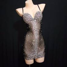 Sparkly Rhinestones Pearls Black Mesh Dress Birthday Prom Celebrate Dress Bar Evening Women Singer Dancer Stretch Dress 2024 - buy cheap