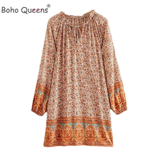 Boho Queens Women Hippie Ethnic Floral Print  V-neck  Bohemian Mini Dress  Ladies Flare Sleeve  Rayon Cotton Dresses Vestidos 2024 - buy cheap