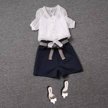 Conjunto feminino camisa manga curta chiffon, peça conjunto vintage camisa feminina colete cinto bermuda roupa casual q190 2024 - compre barato