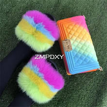 Women Summer Fox Fur Slippers Colorful Jelly Bag Cute Fluffy Slippers Fashion Furry Slides Plush Slipper Sets Big Fur Slides 2024 - buy cheap