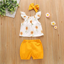 Kids Baby Girls 3-piece Outfit Set Fly Sleeve Sunflower Print Tops+Shorts+Headband Set 6M-5T New Style 2021 2024 - buy cheap