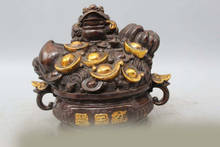 ---725+++10" Chinese Bronze Gild Wealth Money peach Golden Toad Spittor treasure bowl 2024 - buy cheap