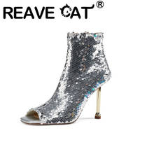 REAVE CAT 2021 Glitter Cool Mid Calf Womens Boots Sequined Cloth Open Toe Zip 9.5CM High Strange Stiletto Heel Size 33-43 A4179 2024 - buy cheap