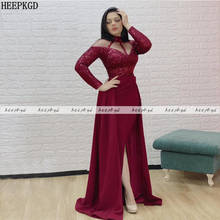 Vestido de noche largo rojo vino con mangas, transparente, lentejuelas, sirena, árabe, para fiesta y ocasiones formales 2024 - compra barato