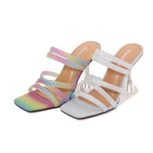 Candy Color Fashion High-heeled Shoes Women Slippers Summer Beach Sandals Square Open Toe Flip Flops Casual Women Shoes 35-46 2024 - buy cheap