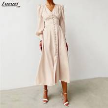 Luzuzi Puff Sleeve Spring Satin Long Dress Women V-Neck Party Pleated Dresses Champagne Elegant Bodycon Dress Ladies Ruched 2024 - buy cheap