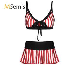 Womens Striped Bikini Swimsuit Swimwear Shoulder Straps Deep V Neck Bikini Bra Top with Mini Pleated Skirt Bathing Suit Set 2024 - buy cheap