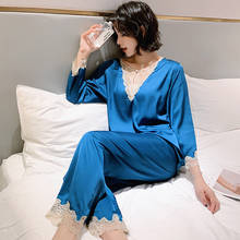 Conjunto de Pijama Sexy de encaje recortado para mujer, ropa de dormir de seda de manga larga, suave, informal, para el hogar, primavera y verano, 2 uds. 2024 - compra barato