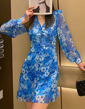 Ladies 2021ss V-neck Floral Print Lantern Sleeves Buttoned Elegant Short Dress 2024 - buy cheap