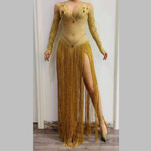 Sexy India Dance Mesh Perspective Tassel Dress Women Gold Crystal Club Party Long Dress DJ Singer Stage Performance Fringe Dress 2024 - buy cheap