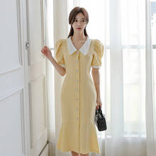 new arrival fashion dress women elegant summer vintage puff sleeve pearl button sweet temperament yellow mermaid midi dress 2024 - buy cheap