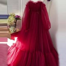 Elegant Burgundy Tulle Dresses Long Sleeves Strapless   Ruffles Fluffy With Train Pleated Retro Women Maternity   Dressing Gowns 2024 - buy cheap