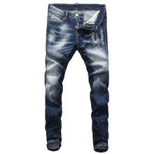 Джинсы мужские винтажные в стиле ретро, рваные Брюки Slim Fit, брендовые дизайнерские штаны из денима в стиле хип-хоп, уличная одежда в итальянском стиле, синие 2024 - купить недорого