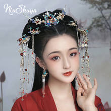NiuShuya Chinese Vintage Handfu Blue Tassel Hairpin Hair Sticks Clip Crown Accessories Headwear Costume COSPLAY Headdress 2024 - buy cheap