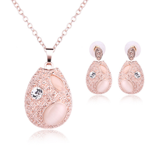 Rose Gold Color Alloy Water Drop Cat Eye Stone Pendant Link Chain Necklace Earrings Temperament Jewelry Sets 2024 - buy cheap