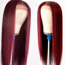 Peluca de cabello humano liso para mujer, pelo rojo rojizo 99j Borgoña, encaje frontal recto, cabello humano brasileño predespuntado Remy 150% 2024 - compra barato