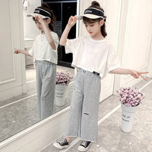 Teen Girls Cotton Clothing Set Crop Top And Wide Leg Pants Fashion Hole Ripped Loose Trousers Summer Children Casual Outfit Suit 2024 - buy cheap