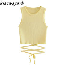 Klacwaya 2021 Women High Street Chic Solid Color Short Knitting Camis Tank Lady Summer Hem Bandage Sleeveless Vest Crop Tops 2024 - buy cheap