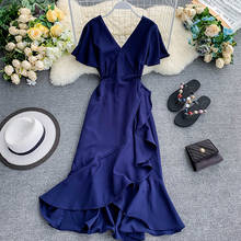 Spring Summer Solid Ruffles Mermaid Midi Elegant V-Neck Slim Asymmetric Women Lady Female Dress 2024 - compra barato