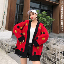 Sweater women's new lazy wind color matching knit cardigan smile jacquard Korean version of autumn and winter temperament loose 2024 - buy cheap