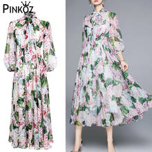 Pinkoz 2021 vestidos longos de chiffon, vestido feminino com manga longa estampa floral elegante para festas e feriados 2024 - compre barato