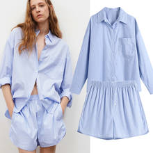 ZA Women 2021 Fashion Office Wear Blue Loose Blouses Vintage Long Sleeve Pockets Female Shirts Chic Tops+High Waist Shorts Suit 2024 - buy cheap