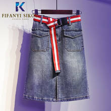 Plus size Women A-Line Denim Skirt Pocket Split Fashion High waist Skirt Female Summer Loose Mid Long Jeans Skirts With Belt 5XL 2024 - buy cheap