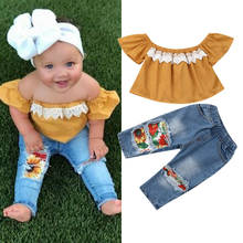2PCS New born Baby Girl Clothes Toddler Kids Off Shoulder Lace Shirt Tops+Sunflowers Hole Denim Pants Outfits 1-5Y 2024 - buy cheap