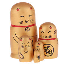 5 Pieces Wooden Babushka Russian Nesting Doll Hand Painted Lucky Cat Golden 2024 - buy cheap