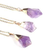 Natural Amethysts Stone Pendant Necklace Jewelry Irregular Crystal Pendant Necklace Alloy Metal Chain Gift for Women 2024 - buy cheap