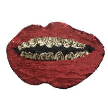 New Arrival Gold Teeth Red Lips Sequined Sew on Patches Sequins Mouth Embroidery Applique Patch for Clothes Decoration Appliques 2024 - buy cheap