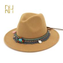 Men Women Wide Brim Woolen Felt Fedora Panama Hat with Belt Buckle Jazz Trilby Cap Party Formal Top Hat Mujer RH 2024 - buy cheap