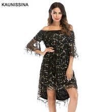 KAUNISSINA Off the Shoulder Sexy Cocktail Gown Tassel Party Dress 3/4 Flare Sleeve Club Wear Formal Prom Cocktail Dresses 2024 - buy cheap