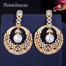 ThreeGraces Elegant African Dubai Gold Color CZ Crystal Big Round Flower Pearl Dangle Earrings for Women Wedding Jewelry E0354 2024 - buy cheap