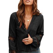 Autumn B Women Blouses Solid Shirts Long Sleeve Camisa Hollow Out Deep V Neck Sexy Blouse Casual Tops Plus Size Vetements Femmes 2024 - buy cheap