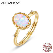 Anomokay Dropshipping Hot Colorful Oval Opal Gold Color Women Rings Fashion Gift 100% 925 Sterling Silver Resizable Ring Jewelry 2024 - buy cheap