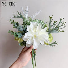 Yo cho buquê de noiva flor artificial rosa de seda hortênsia orquídea lavanda dahlia eucalipto folha staghorn samambaia casamento bouquet 2024 - compre barato