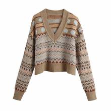 New V-neck Geometric Khaki Knitted sweater Women Casual Houndstooth Lady Pullover Sweaters Female Autumn Winter Retro Jumper 2024 - buy cheap