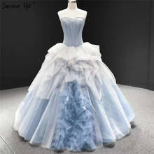 Grey Blue Sweetheart Sexy Wedding Dresses 2021 Tulle Sleeveless Ruched Tiered Bride Gowns Serene Hill HM66944 Custom Made 2024 - buy cheap