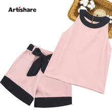 Kids Summer Clothes Girls Patchwork Girls Clothes Set Vest + Short 2PCS Outfits For Girls Casual Style Big Bow Kids Clothing 2024 - купить недорого