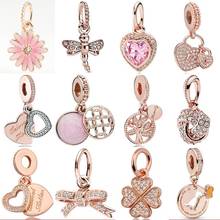 Cuentas de plata esterlina 925, accesorio con forma de corazón, rosa, Margarita, flor, árbol de la familia, compatible con pulsera Pandora, joyería artesanal 2024 - compra barato