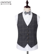 Grey Plaid Herringbone Tweed Vests Slim Men British Autumn Suit Vests Formal Sleeveless Suit Jacket Mens Dress Wedding Waistcoat 2024 - buy cheap