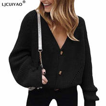 LJCUIYAO Women Knitted Cardigan Autumn Sexy V-Neck Lantern Sleeve Button Oversized Sweater Casual Loose Solid Female Clothing 2024 - buy cheap