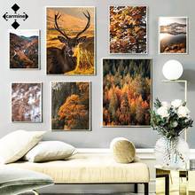 Golden Autumn Landscape Poster Mountain Lake Reed Leaf Wall Art Poster and Print Forest Elk Canvas Picture Painting Nordic Decor 2024 - buy cheap