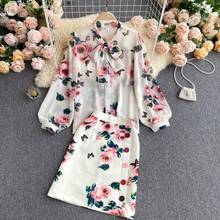 Women Summer Gorgeous Pink Rose Printed Two Piece Skirts Set Sweet Bow Collar See Through Chiffon Shirt Top + Button Skirt Suits 2024 - buy cheap
