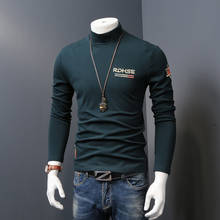 Camisetas gruesas de Cuello medio alto para hombre, camiseta de manga larga de algodón estampada a la moda, otoño 2024 - compra barato