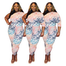 Fashion Tie-dye Printing Women Slash Neck Two Piece Sets Plus Size Long Sleeve T-shirts + Lace-up Sportpants Casual Outfits 2024 - buy cheap