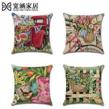 Spring Theme 45*45cm Linen Pillowcase Bicycle Flowers Sofa Cushion Cover Home Decoration Red Car Pillowcase Waist Pillow Cover 2024 - buy cheap