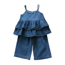 Novo 2 pçs da criança do bebê menina denim roupas plissado topos mini vestido calças de brim outfits 2024 - compre barato